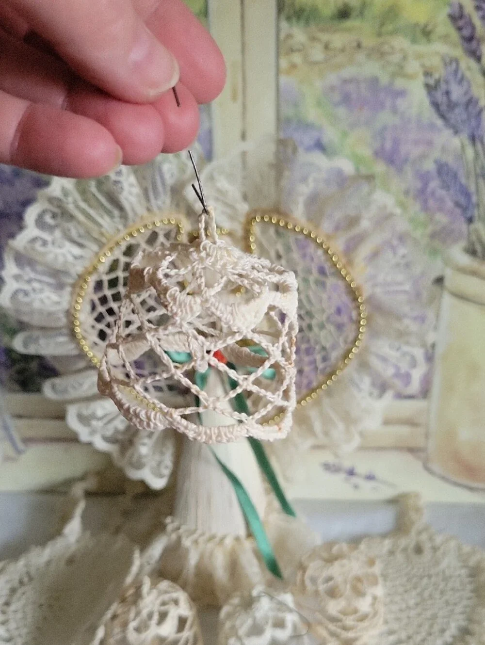 Handmade Corn Husk Angel Figurine & Crochet Lace Ornaments Doilies Lot